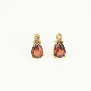 14K Pear Garnet Diamond Accent Vintage Stud Yellow Gold Earrings